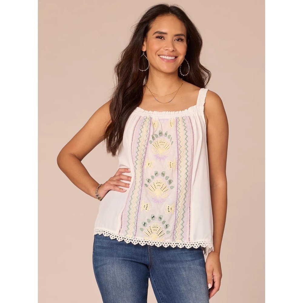 Democracy Tank Top Natural Coral Multi Embroidered Lace Trim Sleeveless 3X NWT